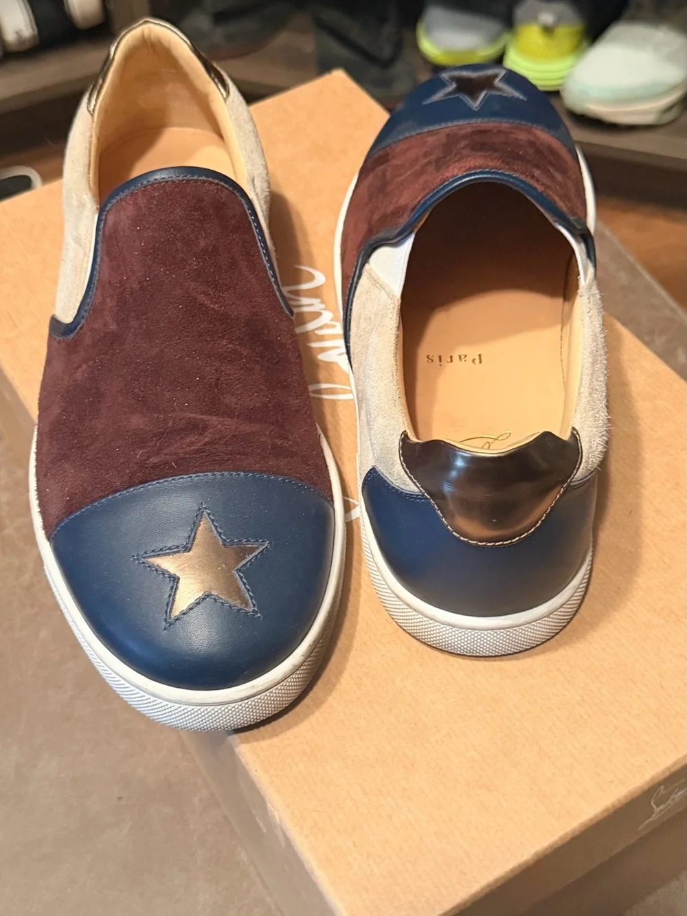 Christian Louboutin Brown Suede & Navy Leather Slip-On Sneakers with Star Accent